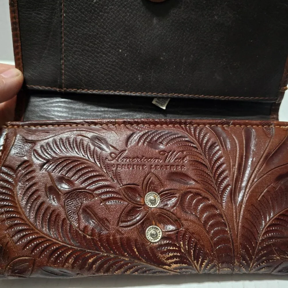 American West Tooled Leather Wallet Bi-Fold Brown Floral Studded Western Cowgirl